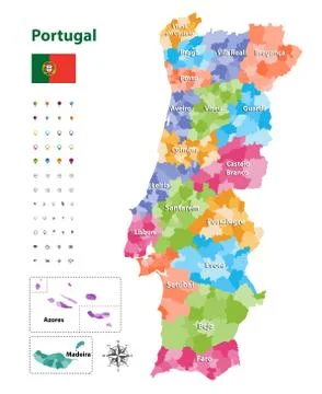 Vector map of Portugal districts and autonomous regions Stock Illustration