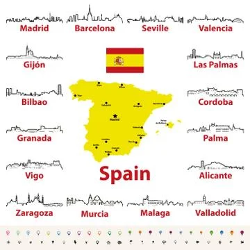Vector map of Spain with largest cities skylines Stock Illustration