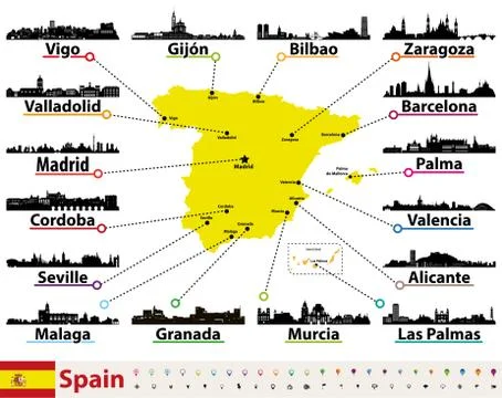 Vector map of Spain with largest cities skylines Stock Illustration
