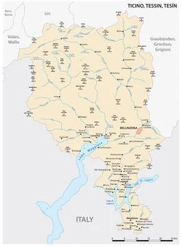 Vector map of the Swiss canton of Ticino with the most important cities Illustrazione stock