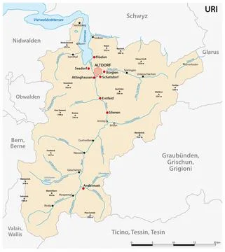 Vector map of the Swiss canton of Uri with the most important cities Illustrazione stock
