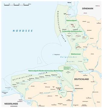 Vector map of the three Wadden Sea National Parks in german language, Germany Ilustración de archivo