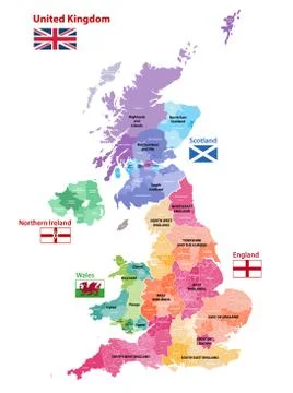 Vector map of United Kingdom administrative divisions colored by countries Illustrazione stock