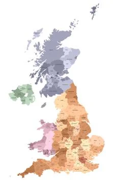 Vector map of United Kingdom administrative divisions colored by countries Illustrazione stock