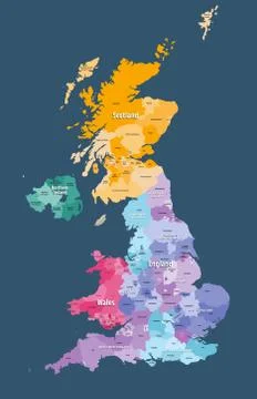 Vector map of United Kingdom administrative divisions colored by countries Illustrazione stock