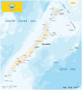 Vector map of west philippine island of Palawan with flag Ilustração Stock