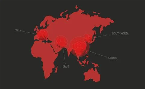 Vector map of the world with the main areas of coronavirus infection. Stock Illustration