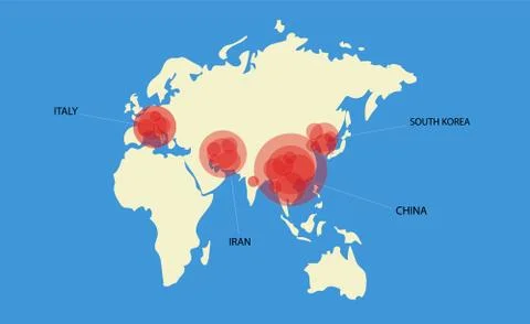 Vector map of the world with the main centers of the coronavirus epidemic. Stock Illustration