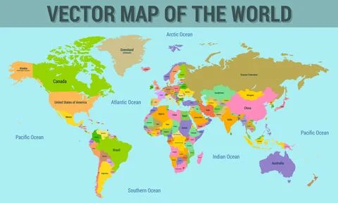 Vector map of the world with the names of the countries, with the borders o.. Illustrazione stock