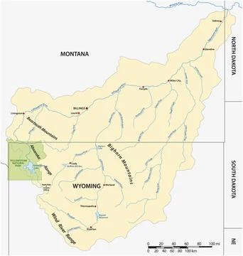 Vector map of the Yellowstone Riverbasin in Montana and Wyoming, USA, North Stock Illustration