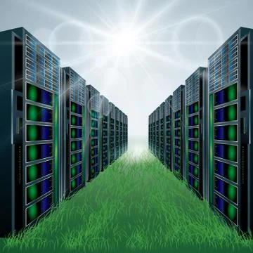 Vector mapping of supercomputers.Direct sunlight, green grass. Stock Illustration