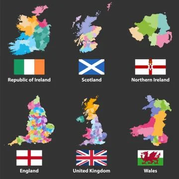 Vector maps and flags of British Isles countries Stock Illustration