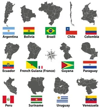Vector maps and flags of South American countries Stock Illustration