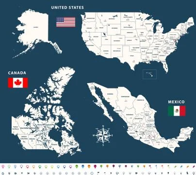 Vector maps of Canada, United States and Mexico with flags  Stock Illustration