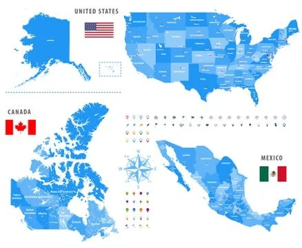 Vector maps of Canada, United States and Mexico with flags  Stock Illustration