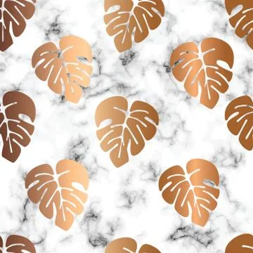 Vector marble texture design seamless pattern design with golden monstera Stock Illustration