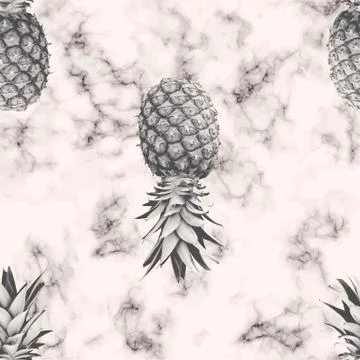 Vector marble texture seamless pattern design with pineapple, black and white Stock Illustration