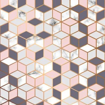 Vector marble texture, seamless pattern design with golden cubes Stock Illustration