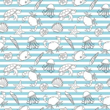Vector marine pattern, animals of the ocean and the sea, shells on a striped  Illustrazione stock
