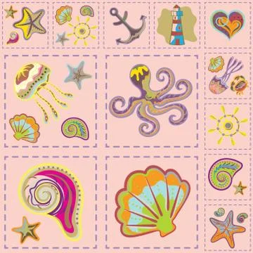 Vector Marine Seamless Pattern. Sea Patchwork 스톡 일러스트