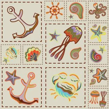 Vector Marine Seamless Pattern. Sea Patchwork 스톡 일러스트