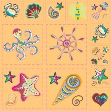 Vector Marine Seamless Pattern. Sea Patchwork イラスト素材