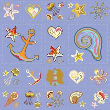 Vector Marine Seamless Pattern. Sea Patchwork 스톡 일러스트