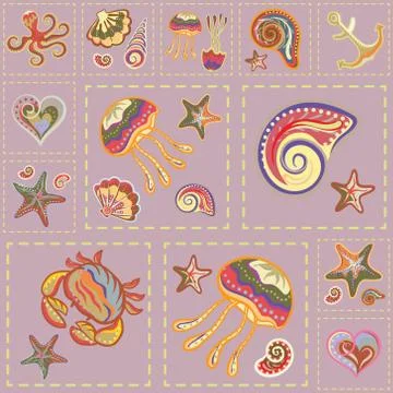 Vector Marine Seamless Pattern. Sea Patchwork イラスト素材