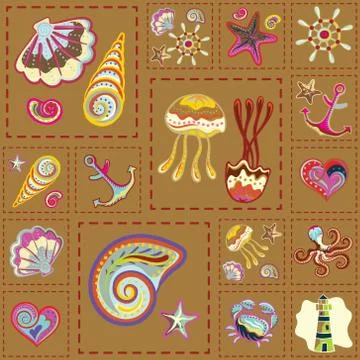 Vector Marine Seamless Pattern. Sea Patchwork 스톡 일러스트