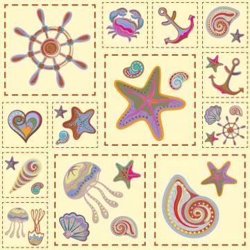 Vector Marine Seamless Pattern. Sea Patchwork 스톡 일러스트