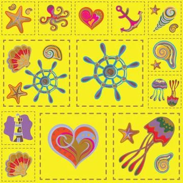 Vector Marine Seamless Pattern. Sea Patchwork イラスト素材