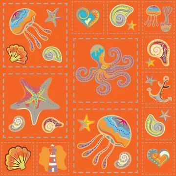 Vector Marine Seamless Pattern. Sea Patchwork イラスト素材