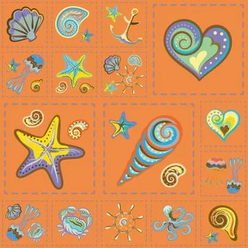 Vector Marine Seamless Pattern. Sea Patchwork イラスト素材