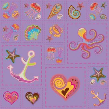 Vector Marine Seamless Pattern. Sea Patchwork 스톡 일러스트