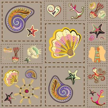 Vector Marine Seamless Pattern. Sea Patchwork イラスト素材