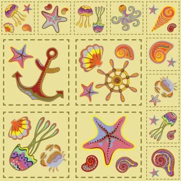 Vector Marine Seamless Pattern. Sea Patchwork イラスト素材