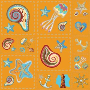 Vector Marine Seamless Pattern. Sea Patchwork 스톡 일러스트