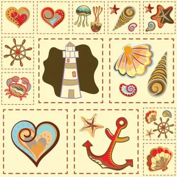 Vector Marine Seamless Pattern. Sea Patchwork イラスト素材