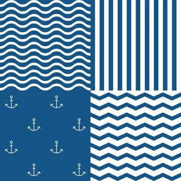 Vector marine seamless pattern set 2, strip, wave and anchor イラスト素材