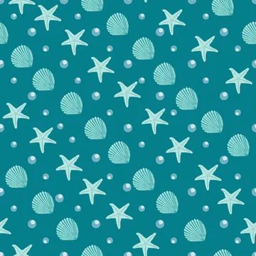 Vector marine seamless pattern with water bubbles,  starfishes, seashells イラスト素材