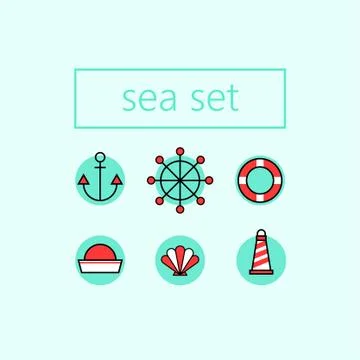 Vector marine set. ship theme. anchor, helm, lighthouse, sailor hat, life buoy Stock Illustration