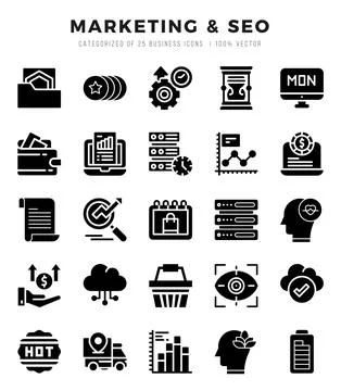 Vector Marketing &amp; SEO types icon set in Glyph style. vector illustration. Stock Illustration