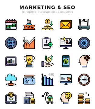 Vector Marketing &amp; SEO types icon set in Lineal Color style. vector illustr.. Stock Illustration