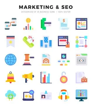 Vector Marketing &amp; Seo types icon set in Flat style. vector illustration. Stock Illustration