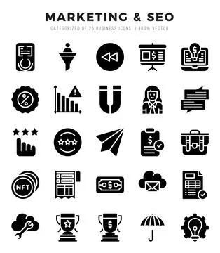 Vector Marketing &amp; SEO types icon set in Glyph style. vector illustration. Stock Illustration