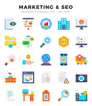 Vector Marketing &amp; Seo types icon set in Flat style. vector illustration. Stock Illustration