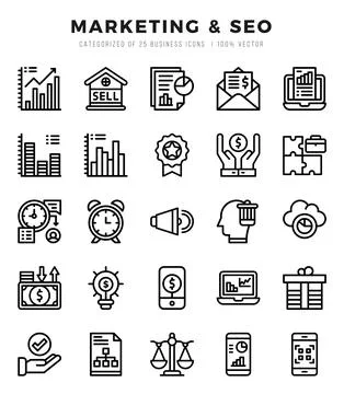 Vector Marketing &amp; SEO types icon set in Lineal style. vector illustration. Stock Illustration