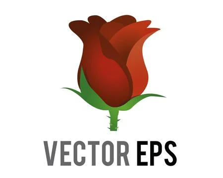 Vector marroon dark red rose flower icon with green stem and leaves Stock Illustration