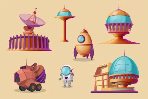 Vector mars colonization cartoon set. Futuristic colony Stock Illustration