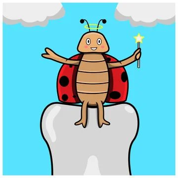 Vector Of Mascot beetle sit on Big Teeth and Sky Background. Stock Illustration